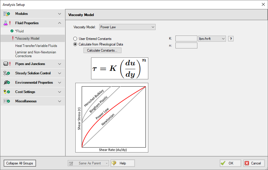 The Viscosity Model panel of Analysis Setup with Power Law selected as the Viscosity Model. The option for Calculate from Rheological Data is selected.